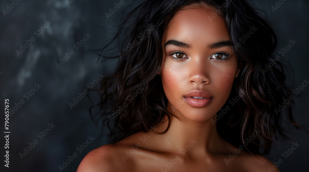 studio portrait of a Latina woman with dark wavy hair standing in front of a dark backdrop. She has full lips and dark skin. A perfect complexion. Skin care and cosmetics 