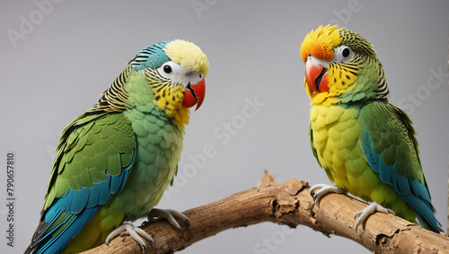 Two parrots are sitting on a branch looking at each other.

