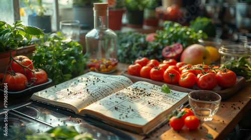 Wooden kitchen table with a book open to a page with a recipe for vegetable dishes and vegetable ingredients spread around: tomatoes. herbs, vegetable oil. Cooking and healthy eating concept.