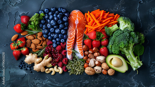 Chalk hand drawn brain picture with assorted food for brain health and good memory fresh salmon  vegetables  nuts  berries on black background  Foods to boost brain power  top view  copy space n n