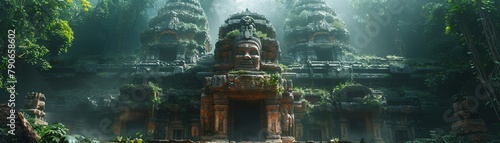 A cybernetic jungle temple, with ancient deities revived as AI, guiding adventurers to hidden treasures