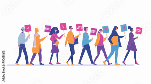 People with banners that say "VOTE" walk towards, flat vector illustration. People walking in line to cast their votes on a white background. The design is colorful, vibrant and high resolution with f