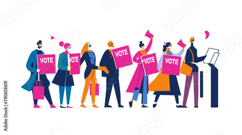 vector flat illustration, people holding signs with the text "VOTE", bright pink envelopes, colorful dresses and have bags on their shoulders, open ballot box,white background, minimalist vector art