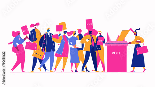 vector flat illustration, people holding signs with the text "VOTE", bright pink envelopes, colorful dresses and have bags on their shoulders, open ballot box,white background, minimalist vector art