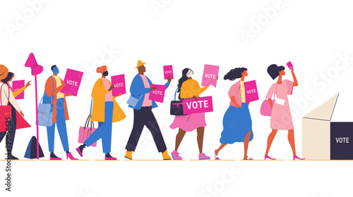 vector flat illustration, people holding signs with the text "VOTE", bright pink envelopes, colorful dresses and have bags on their shoulders, open ballot box,white background, minimalist vector art