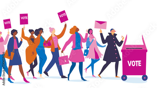 vector flat illustration, people holding signs with the text "VOTE", bright pink envelopes, colorful dresses and have bags on their shoulders, open ballot box,white background, minimalist vector art