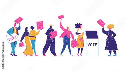 vector flat illustration, people holding signs with the text "VOTE", bright pink envelopes, colorful dresses and have bags on their shoulders, open ballot box,white background, minimalist vector art