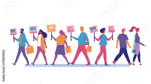People with banners that say "VOTE" walk towards, flat vector illustration. People walking in line to cast their votes on a white background. The design is colorful, vibrant and high resolution with f