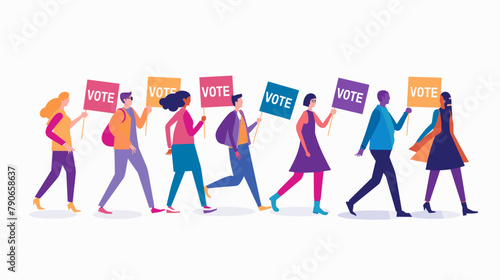 People with banners that say "VOTE" walk towards, flat vector illustration. People walking in line to cast their votes on a white background. The design is colorful, vibrant and high resolution with f