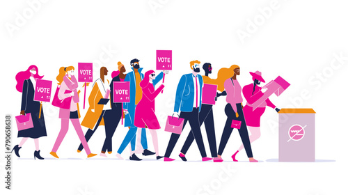 vector flat illustration, people holding signs with the text "VOTE", bright pink envelopes, colorful dresses and have bags on their shoulders, open ballot box,white background, minimalist vector art