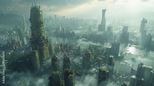 A dystopian city where nature reclaims skyscrapers  and tribes navigate the urban jungle with parkour skills 
