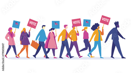 People with banners that say "VOTE" walk towards, flat vector illustration. People walking in line to cast their votes on a white background. The design is colorful, vibrant and high resolution with f