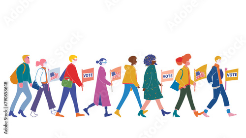People with banners that say "VOTE" walk towards, flat vector illustration. People walking in line to cast their votes on a white background. The design is colorful, vibrant and high resolution with f