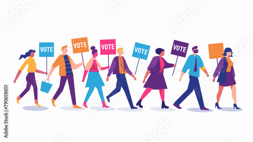 People with banners that say "VOTE" walk towards, flat vector illustration. People walking in line to cast their votes on a white background. The design is colorful, vibrant and high resolution with f