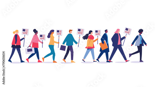People with banners that say "VOTE" walk towards, flat vector illustration. People walking in line to cast their votes on a white background. The design is colorful, vibrant and high resolution with f