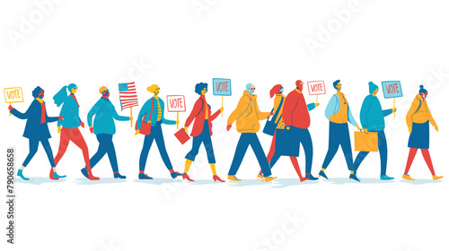 People with banners that say "VOTE" walk towards, flat vector illustration. People walking in line to cast their votes on a white background. The design is colorful, vibrant and high resolution with f