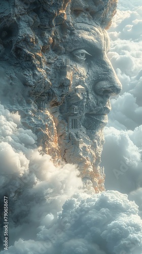 A mythological Greek citystate in the clouds, where gods and mortals coexist, observed from Mount Olympus