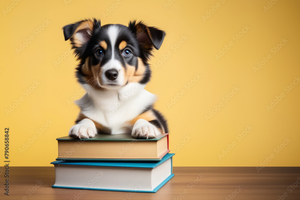 Cute puppy laying on a pile of books on an yellow background with space for text, education concept.