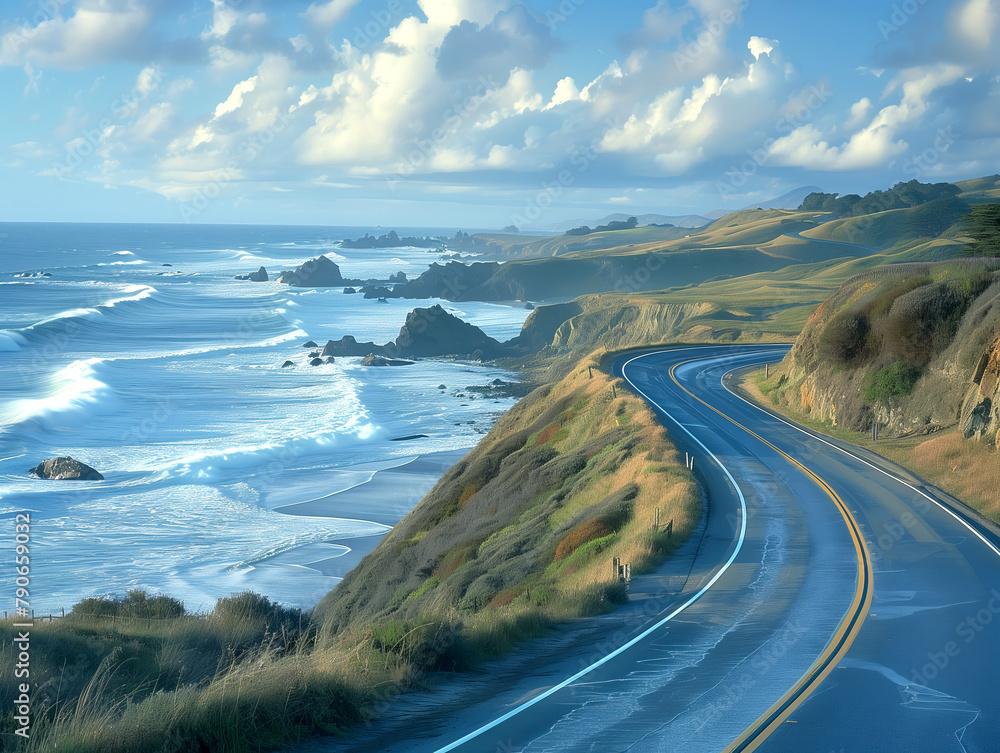 Detail the excitement of a coastal road trip, winding along cliffs with breathtaking ocean views Detail the excitement of a coastal road trip, winding along cliffs with breathtaking ocean views