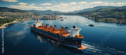 Aerial view of a bulk carrier sailing in the Adriatic Sea. photo