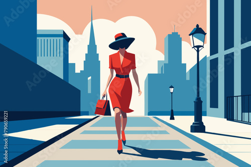 Fashionable woman walking in the city. Vector illustration in flat style