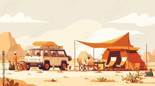 Campers relaxing in sand desert. Tourists friends a © Photo