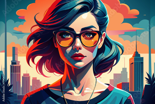 Portrait of beautiful girl with short hair in the city. Vector illustration.