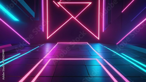Virtual Stage Cyber Futuristic Sci-Fi Environment with Colored Geometric Lights and Studio Floor photo