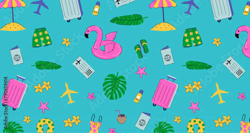 Summer vacation elements seamless pattern on peal background. Colourful travel wallpaper. Summer items backdrop. Design for textile, wrapping paper and holiday summer decor.