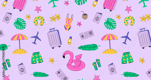 Summer vacation elements seamless pattern on violett background. Colourful travel wallpaper. Summer items backdrop. Design for textile  wrapping paper and holiday summer decor.