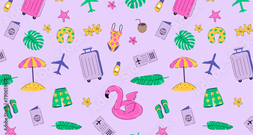 Summer vacation elements seamless pattern on violett background. Colourful travel wallpaper. Summer items backdrop. Design for textile, wrapping paper and holiday summer decor.