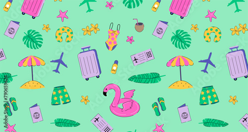 Summer vacation elements seamless pattern on green background. Colourful travel wallpaper. Summer items backdrop. Design for textile, wrapping paper and holiday summer decor.