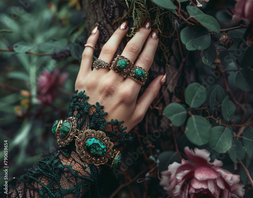 A closeup of the hand with silver rings and bracelets, featuring green malachite stones. The background is adorned with purple flowers and vines, creating an aesthetic.