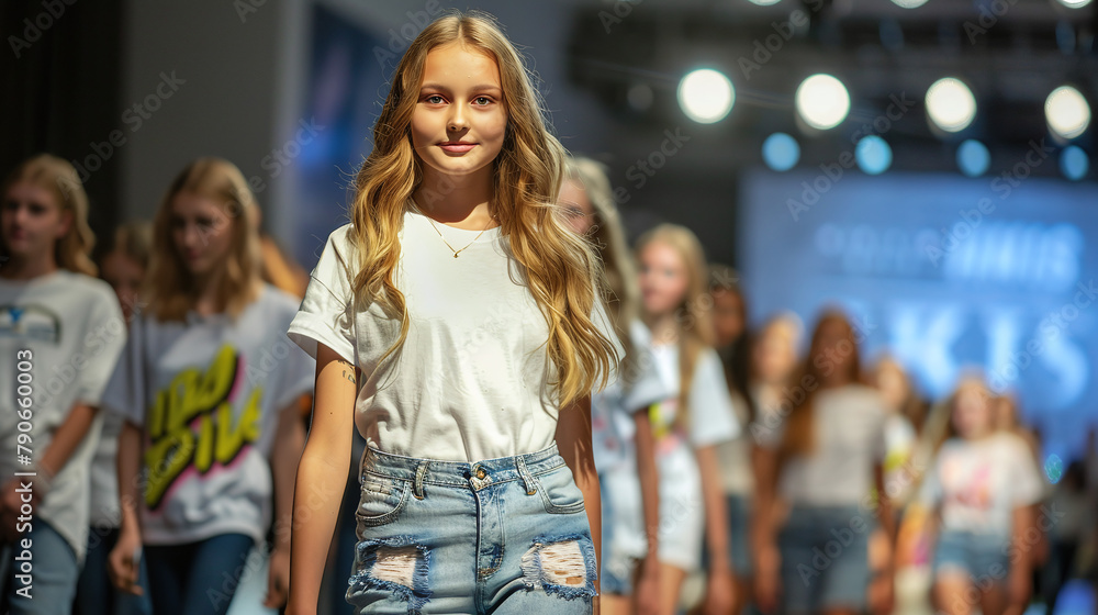 A young slender girl teenager top model walks along the catwalk at a high fashion show A young slender girl teenager top model walks along the catwalk at a high fashion show