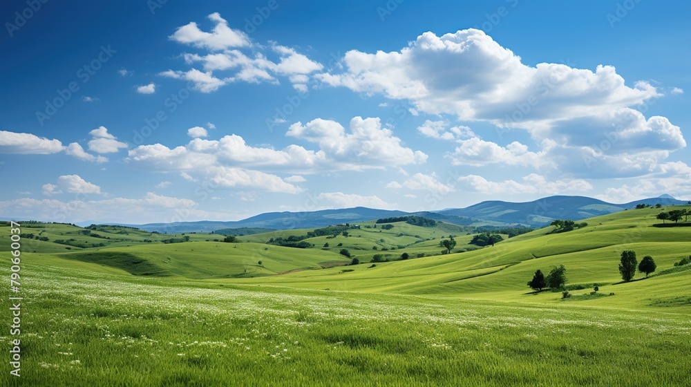 Beautiful summer landscape with green meadow and blue sky with clouds