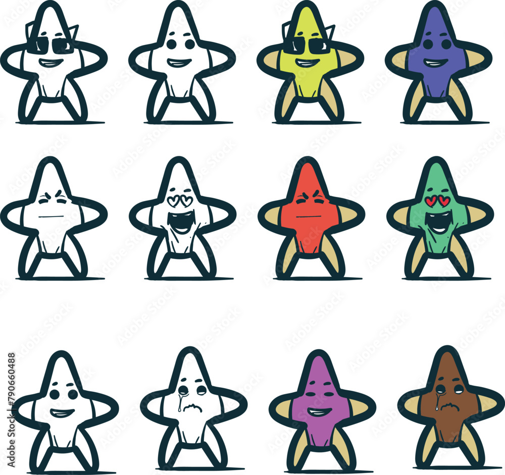 A set of funny cartoon characters in the form of starfish. These objects are in lined and painted style. A set of funny cartoon characters in the form of starfish. These objects are in lined and painted style.