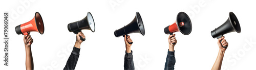Collection of hand holding a megaphone png isolated on a transparent background, warning, news, loud, advertisement concept
