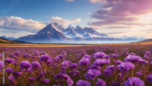 A field of purple flowers with snowcapped mountains photo