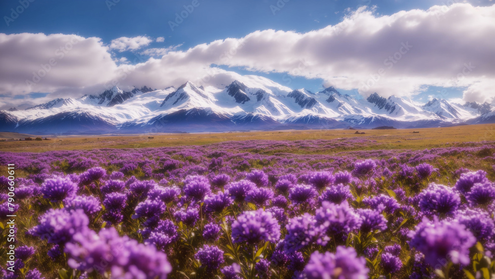 A field of purple flowers with snowcapped mountains