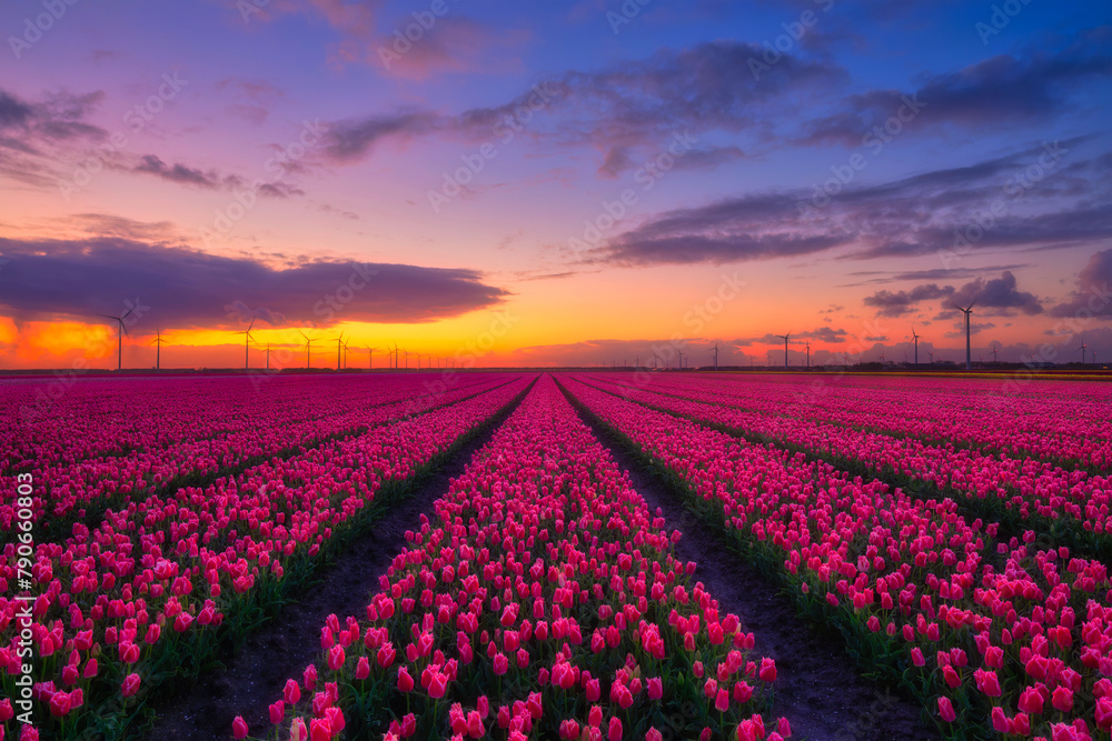 Fototapeta premium A field of tulips during sunset. Rows on the field. Landscape with flowers during sunset. Photo for wallpaper and background. Netherlands.