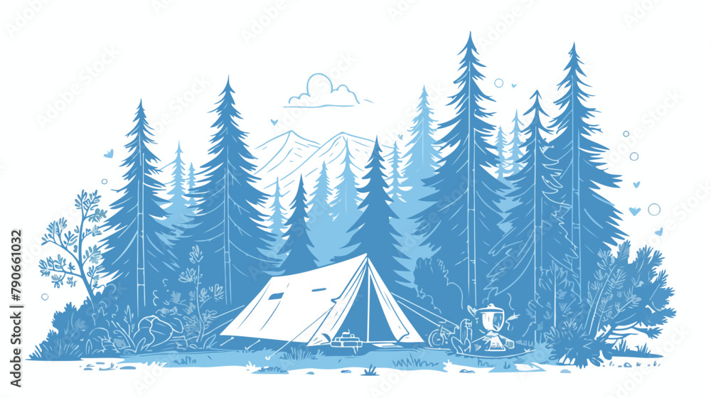 Camping tent in forest outline vector illustration.