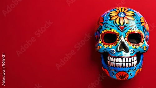  A skull on a red background decorated with bright colors for a traditional Mexican holiday. Cinco de Mayo. Copy space. photo