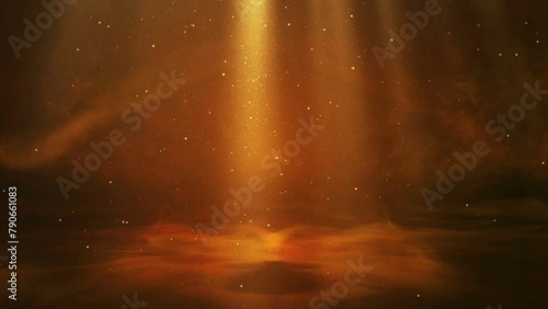 Gold glitter dust abstract magic smoke stage. Art scene animation Christmas video golden color seamless loop background scene.