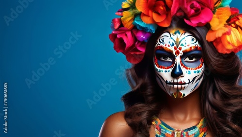 Girl with a painted face. There is skull makeup on the face and a wreath of flowers on the head. Cinco de Mayo photo
