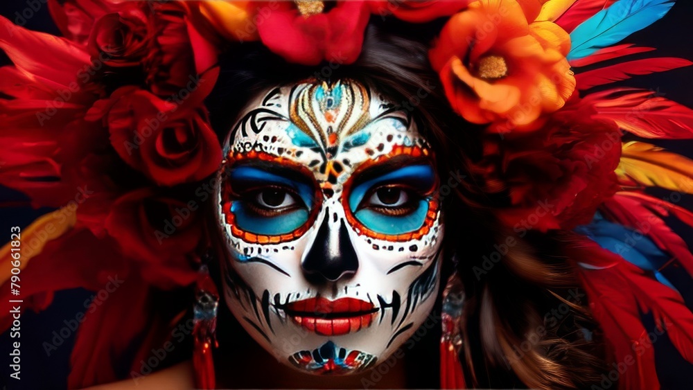 Girl with a painted face. There is skull makeup on the face and a wreath of flowers on the head. Cinco de Mayo Girl with a painted face. There is skull makeup on the face and a wreath of flowers on the head. Cinco de Mayo