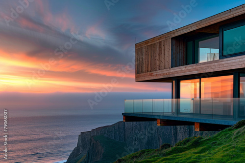 A modern wooden architecture with frameless glass built on a steep cliff with a coastal view  beautiful sunset 