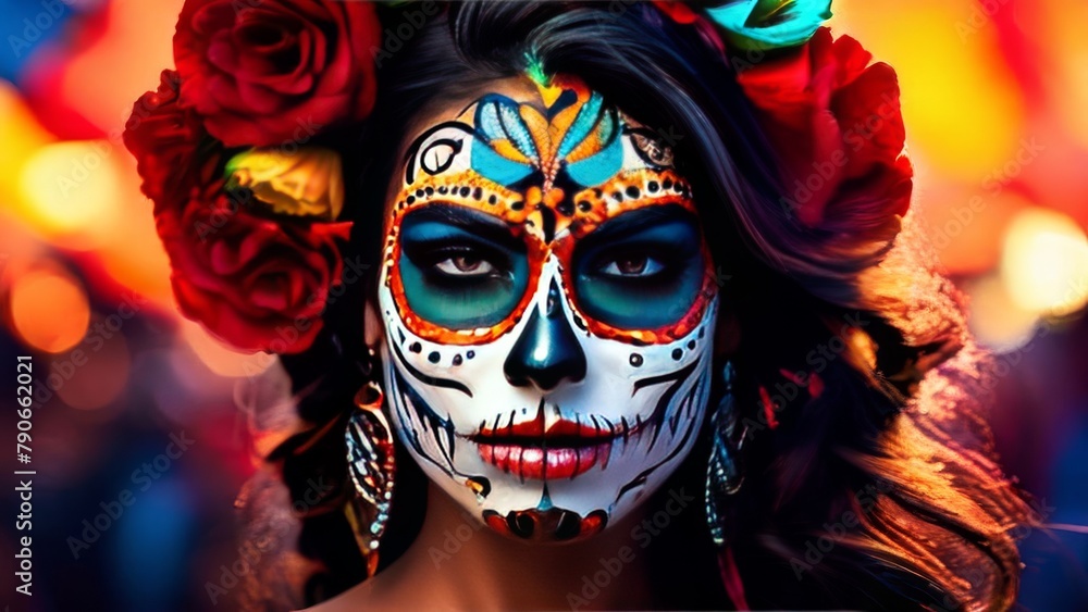 Girl with a painted face. There is skull makeup on the face and a wreath of flowers on the head. Cinco de Mayo