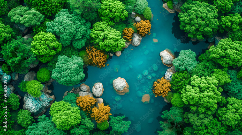 Obraz premium Aerial Top View of Tropical Green Forest. River, Stream, Trees, Nature, Oxygen, Clean Air. Sustainability, Ecology, Environment, Climate Change, Planet Earth. Outdoors, Travel, National Park