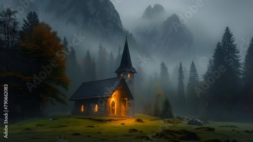 In the mountains, there is a distant church. photo
