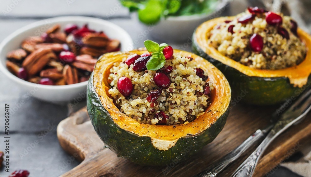 Close-up of roasted acorn squash filled with quinoa, cranberries, and herbs. A hearty, colorful, and nutritious dish, perfect for highlighting seasonal, plant-based holiday meals Close-up of roasted acorn squash filled with quinoa, cranberries, and herbs. A hearty, colorful, and nutritious dish, perfect for highlighting seasonal, plant-based holiday meals
